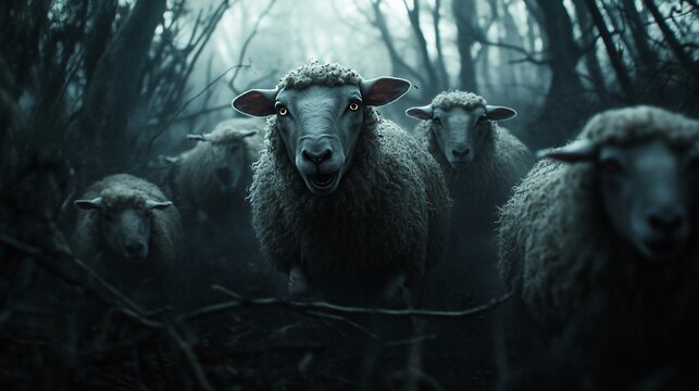 Menacing sheep flock emerges from dark forest.