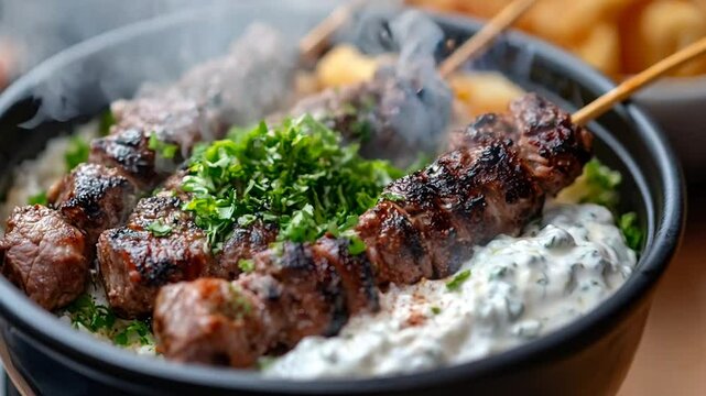 Deliciously grilled meat skewers served atop a creamy tzatziki sauce, garnished with fresh herbs. This mouthwatering dish showcases juicy, charred kebabs with a perfect balance of smoky and savory 