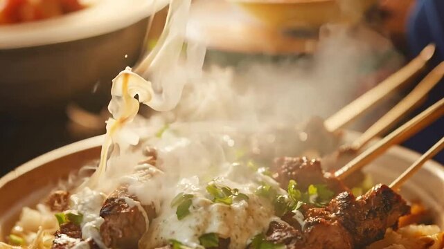 Deliciously grilled meat skewers served atop a creamy tzatziki sauce, garnished with fresh herbs. This mouthwatering dish showcases juicy, charred kebabs with a perfect balance of smoky and savory 