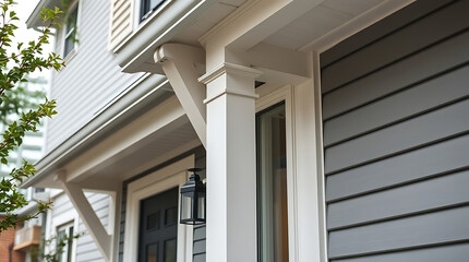 House Exterior Detail: White Trim, Gray Siding, and Porch Column