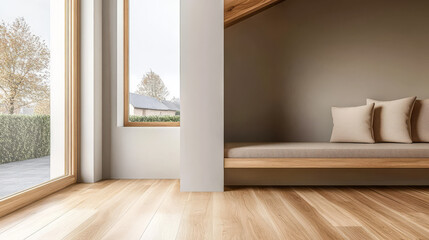 Modern interior design featuring a cozy nook with natural light and wooden accents
