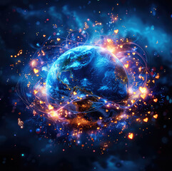 Obraz premium Cosmic geometry and quantum energy vibrations glowing hyper image of the earth with spiraling music compositions and music notes and hearts dancing around the planet and quantum mathematics.