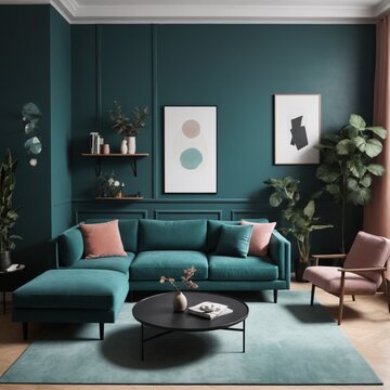 Modern japandi home interior design of living room with sofa apartment in WGSN and Coloro color of the year 2025 Transformative Teal