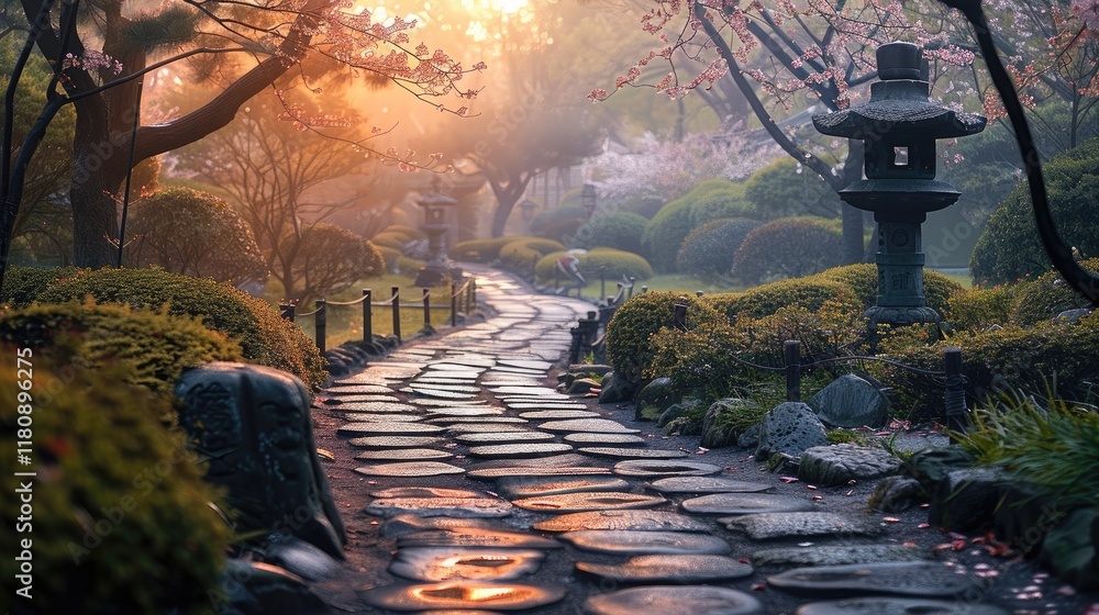 Poster a tranquil zen garden at dusk, featuring a weathered stone pathway leading to an ancient temple. the
