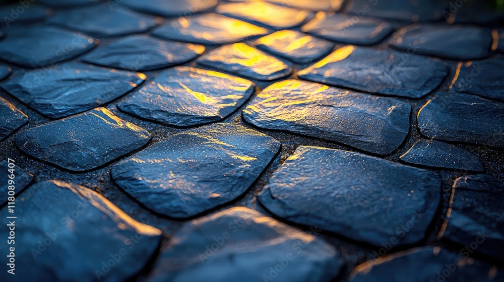 Poster cobblestone pavement texture: a detailed close-up of stone pathway, showing the rich texture and des