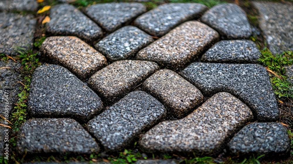 Poster cobblestone pavement texture: close-up view of a wet, grey and brown stone path, showing intricate d