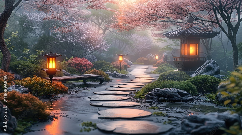 Poster a tranquil zen garden at dusk, featuring a weathered stone pathway leading to an ancient temple. the