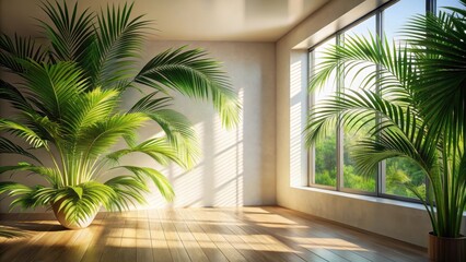 Fototapeta premium Sunlit Room with Lush Indoor Palm Plants and Hardwood Floor