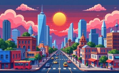 Fototapeta premium A pixelated cityscape illustration featuring a mix of modern skyscrapers and historic buildings, set against a vibrant blue sky with fluffy clouds.