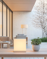 Modern outdoor living space with stylish lighting and greenery during daytime