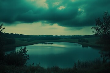 Fototapeta premium Serene teal lake nestled in a tranquil landscape under a dramatic sky.