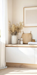 Natural light fills a serene corner with minimalist decor and plants in a cozy space