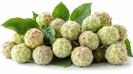 Obraz premium Close-up of fresh, green, unripe fruits with leaves, isolated on white.