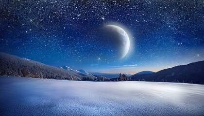 Naklejka premium 星が綺麗に輝く夜空の背景に浮かぶ月と雪景色のイラスト。aiで生成