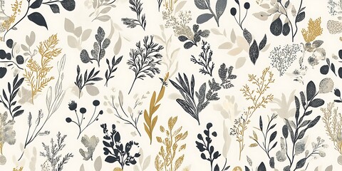 Elegant botanical pattern, leaves, branches, cream background, textile design.