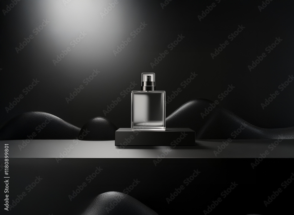 Poster elegant perfume bottle on dark, minimalist display. spring-inspired shadows and curves create a soph