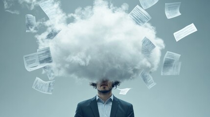 A man in a suit with a cloud above his head, surrounded by floating papers.