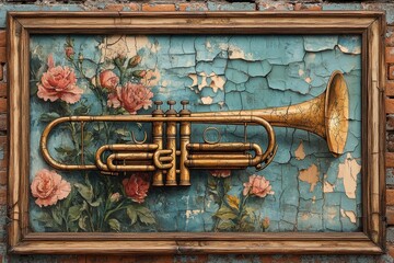 Artistic trumpet mural on a weathered brick wall adorned with roses