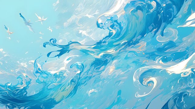 A serene image of calm water covered by ethereal blue mist, framed by ornamental swirling designs.