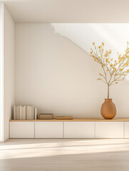 Modern minimalist interior with decorative vase and books on shelf in bright sunlight