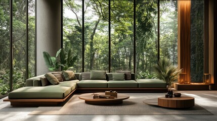 Modern green sectional sofa in jungle view living room