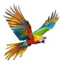Fototapeta premium a vibrant macaw in mid-flight. showcasing its stunning plumage with a blend of bright colors. including blue. green. yellow. and red the parrot's wings are fully extended. emphasizing its grace and be