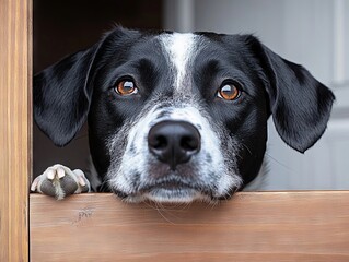 A black and white dog peeking over a wooden door
