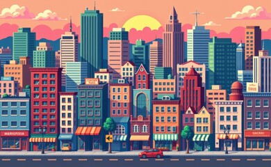 A pixelated cityscape illustration featuring a mix of modern skyscrapers and historic buildings, set against a vibrant blue sky with fluffy clouds.