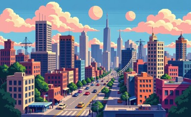 Naklejka premium A pixelated cityscape illustration featuring a mix of modern skyscrapers and historic buildings, set against a vibrant blue sky with fluffy clouds.