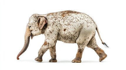 Fototapeta premium A textured elephant with a speckled appearance, walking against a white background.