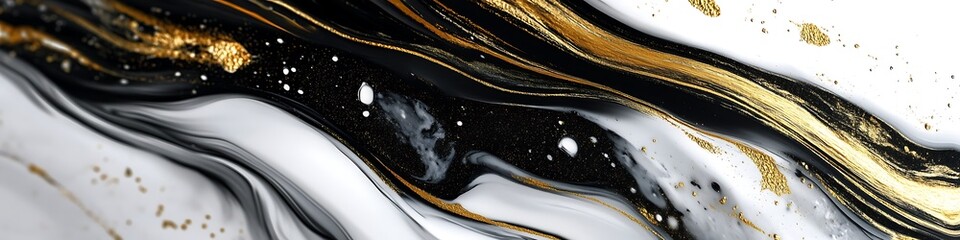 Obraz premium Fluid art with dramatic black and white contrasts accented by vibrant gold streaks