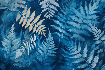 Blue cyanotype fern leaf pattern background.