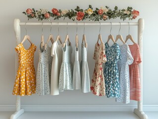 A row of colorful children's dresses hang on a wooden rack adorned with a floral garland.