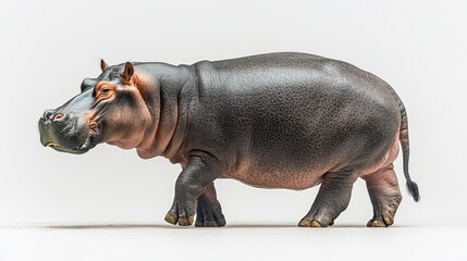A large hippopotamus walking against a white background.