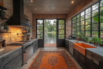 Fototapeta premium Rustic kitchen with lake view showcasing elegant design and vibrant colors during daylight