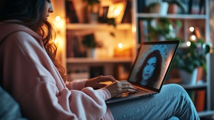 Woman Video Calling On Laptop In Cozy Setting Lighted Shelf Warm Home Interior Space