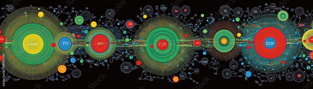 Poster a colorful visualization of data connections and relationships in a scientific context.