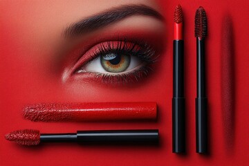 Obraz premium Eye makeup arrangement featuring red tones and cosmetic products on a vibrant background