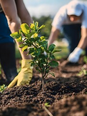 A photo of a group of volunteers working together to plant trees in a community park.