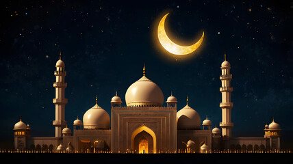 Ramadan kareem islamic greeting and 3d Crecent moon with lantern for Ramadan and Eid background. Design template with mosque for Muslim festival
