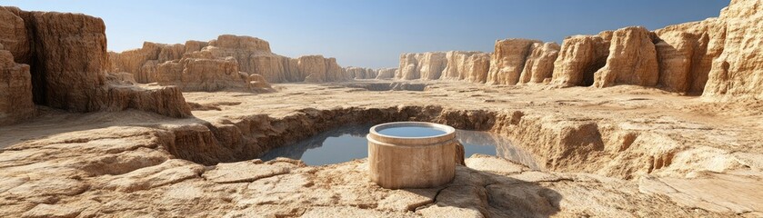 A serene desert landscape featuring a circular pool surrounded by rocky cliffs.