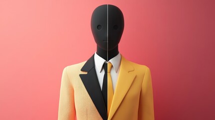 A stylized mannequin with a split-colored suit, showcasing contrasting designs.