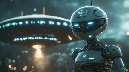 Futuristic robot encountering ufo sci-fi scene digital art nighttime close-up innovation