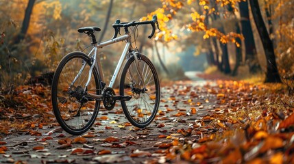 Fototapeta premium A road bike parked by a winding trail, surrounded by autumn leaves.