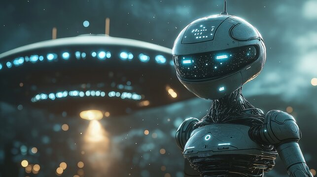 Futuristic robot encountering ufo sci-fi scene digital art nighttime close-up innovation