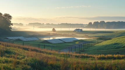Sunrise over rural solar panels, wind turbines, foggy field