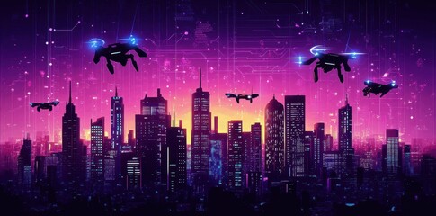 Futuristic Cityscape Drones Flying Above Neon Towers