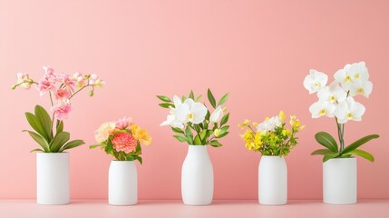 Naklejka premium A row of white vases with flowers in them