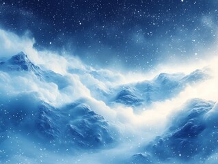 Obraz premium An abstract winter scene with a textured blue background reminiscent of snow-covered mountains. Delicate white flowers and frosted branches add depth and a touch of nature to the composition.
