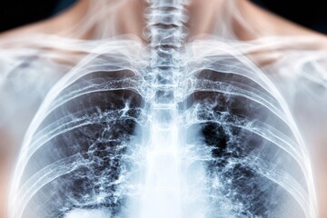 This chest x-ray displays the ribcage, lungs, and spine of a human, highlighting the intricate skeletal and respiratory structures clearly and distinctly